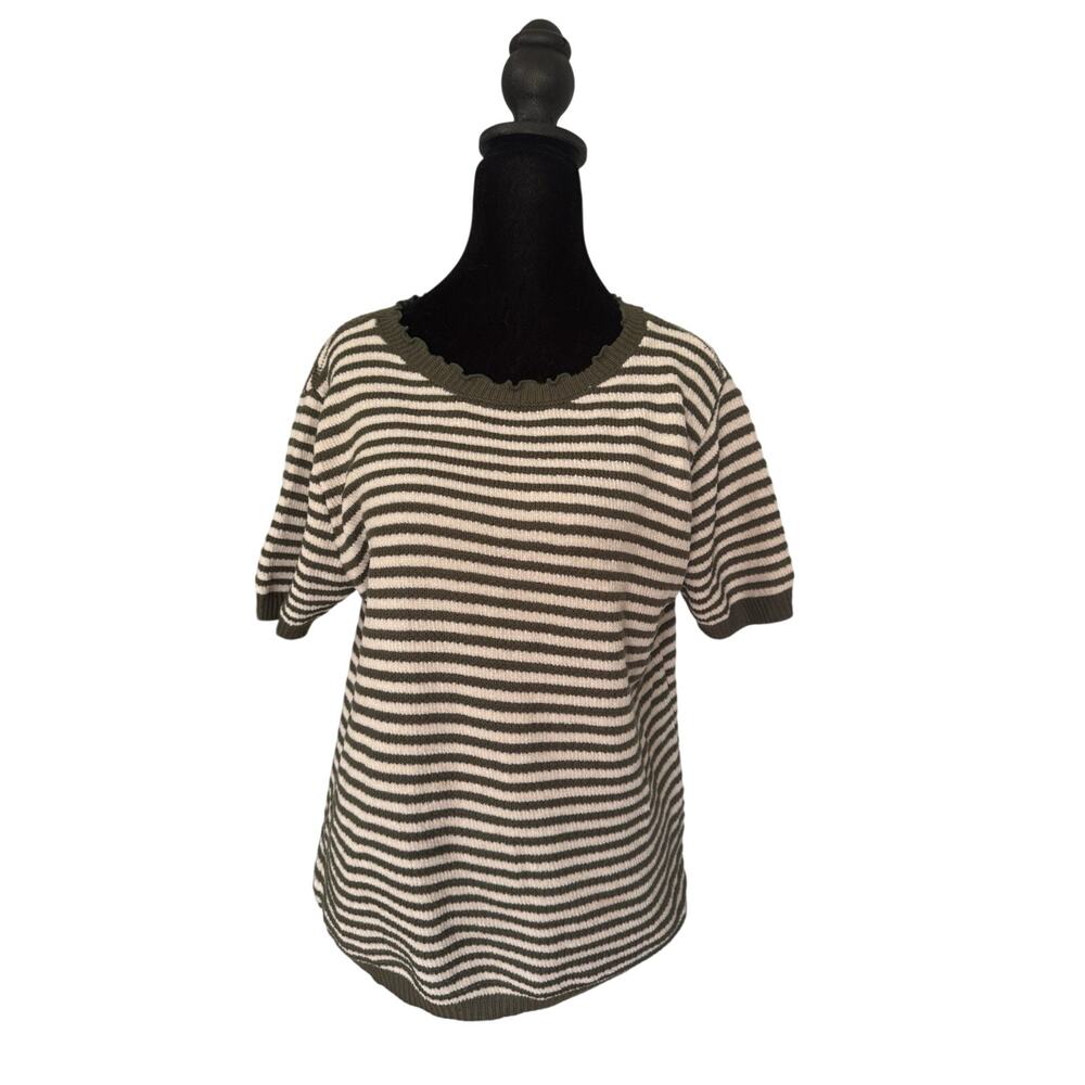 LOFT LARGE STRIPED Fleeced SWEATER SHIRT Olive Beige Preppy Nautical